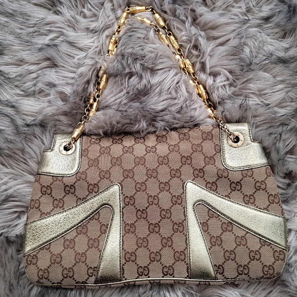 GUCCI GG Canvas & Gold Leather w/ White Dragon - Picture 2 of 2